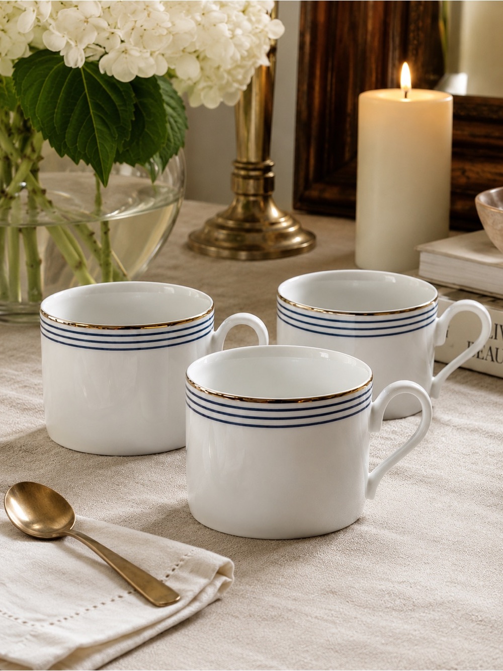 Pottery Barn Vintage Blue Stripe Gold Rim Porcelain Mugs Set of 3